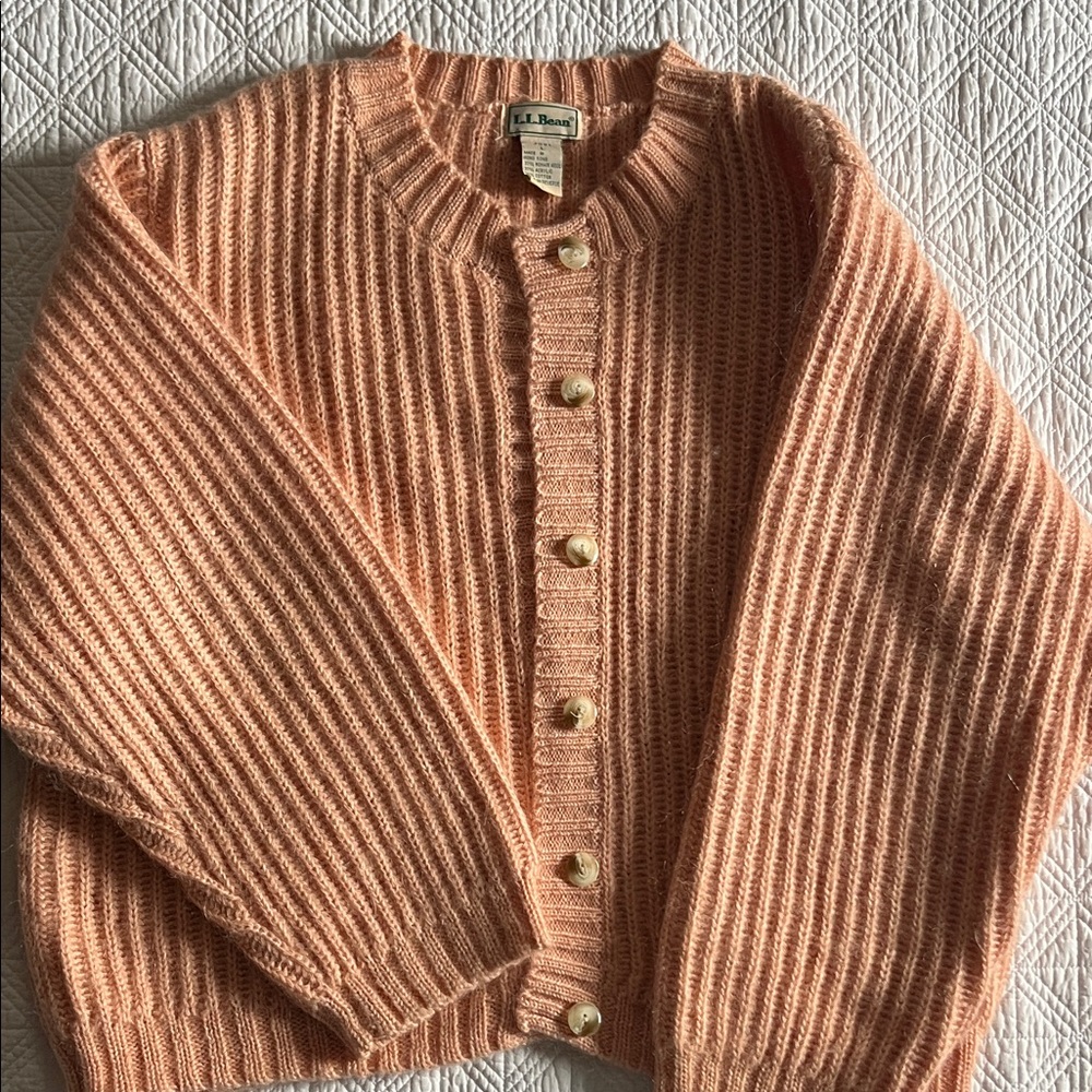 L.L. Bean Peach Ribbed Button-Up Cardigan Sweater - Vintage